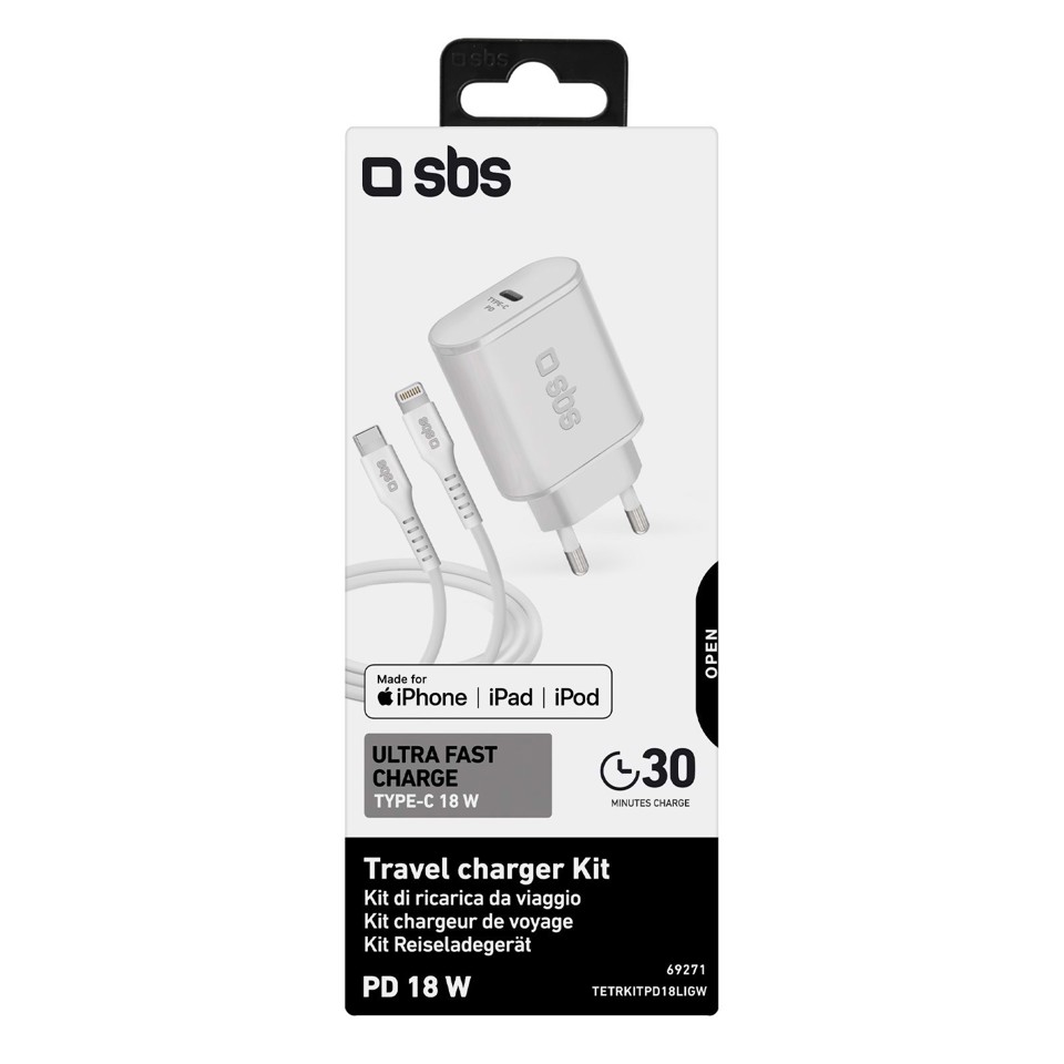 SBS TETRKITPD18LIGW Caricabatterie per dispositivi mobili MP3, Smartphone, Tablet Bianco AC Ricarica rapida Interno