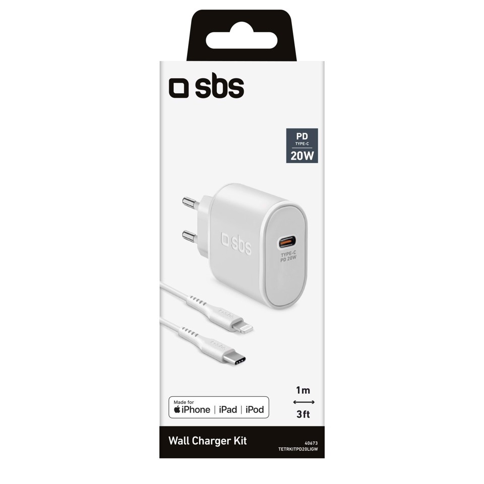 SBS TETRKITPD20LIGW Caricabatterie per dispositivi mobili Smartphone Bianco AC Ricarica rapida Interno