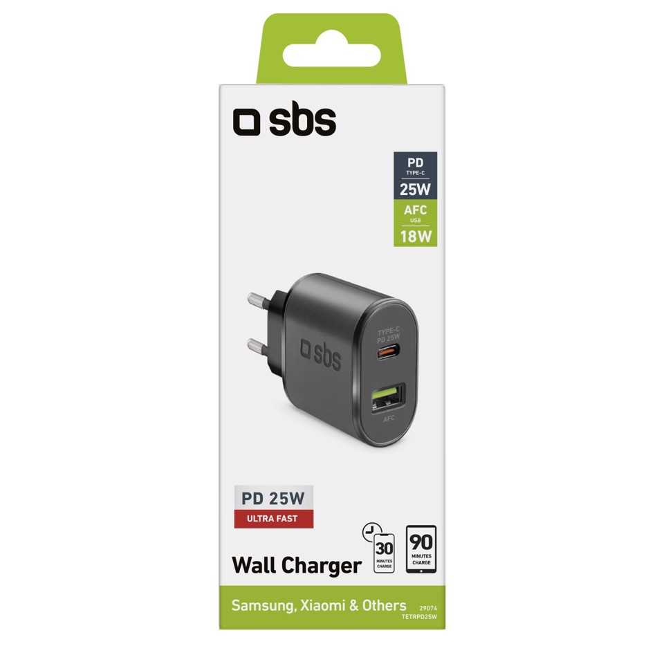 SBS TETRPD25W Caricabatterie per dispositivi mobili Smartphone, Tablet Nero AC Ricarica rapida Interno