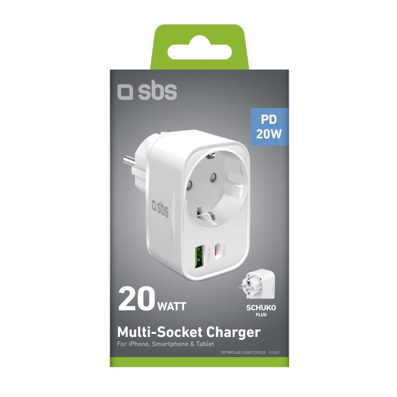 SBS TETRPLUG1USB1CPD20 Caricabatterie per dispositivi mobili Universale Bianco AC Ricarica rapida Interno