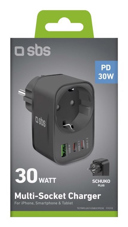 SBS TETRPLUG1USB2CPD30 Caricabatterie per dispositivi mobili Universale Nero AC Interno