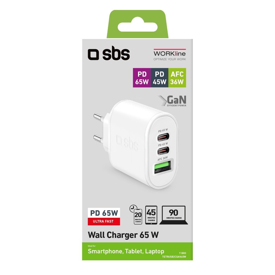 SBS TETRUSB2CGAN65W Caricabatterie per dispositivi mobili Bianco Interno