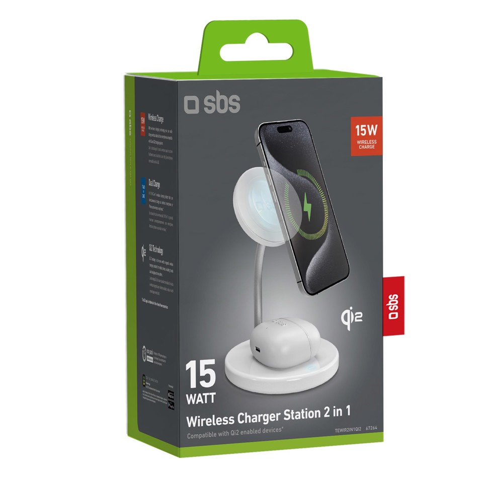 SBS TEWIR2IN1QI2 Caricabatterie per dispositivi mobili Auricolare, Smartphone Bianco Carica wireless Interno
