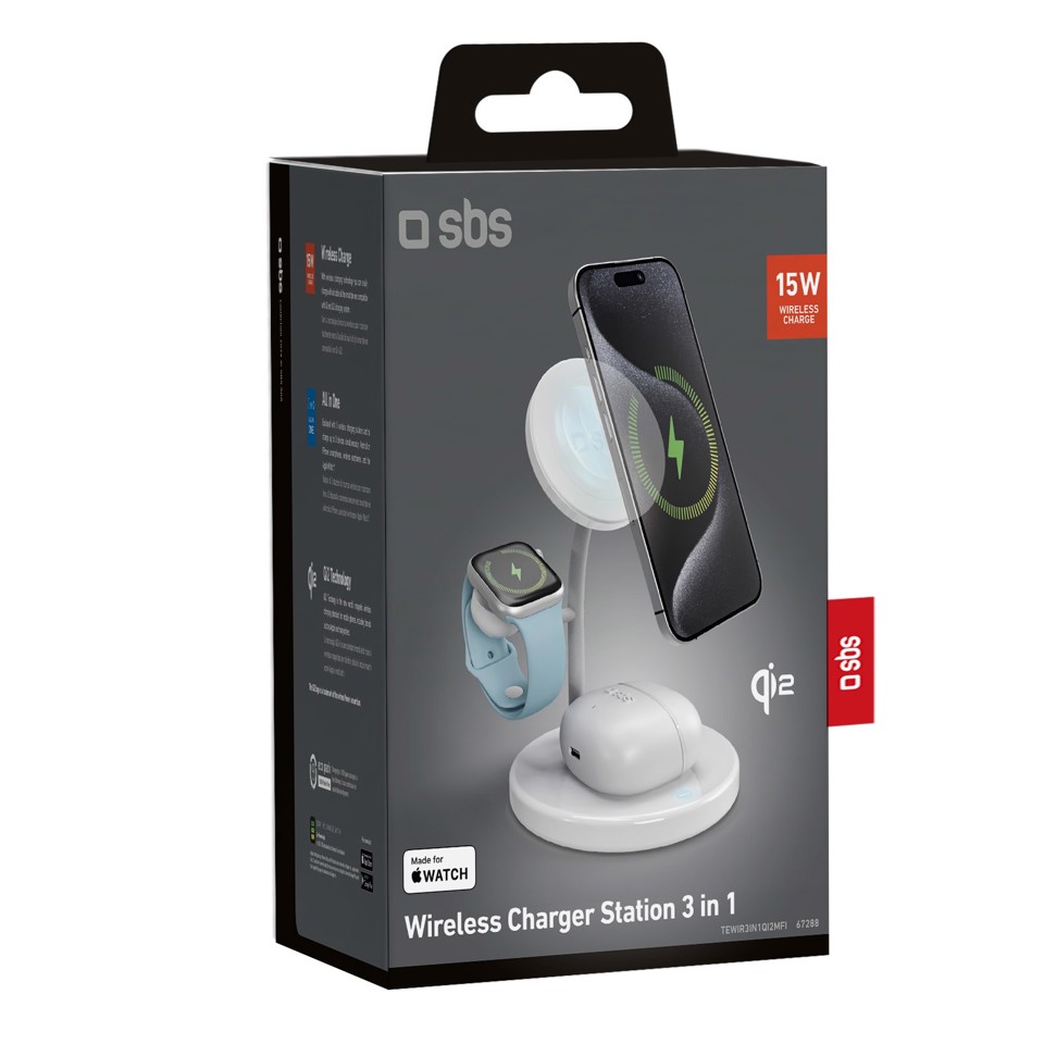 SBS TEWIR3IN1QI2MFI Caricabatterie per dispositivi mobili Auricolare, Smartphone, Orologio intelligente Bianco Carica wireless Interno
