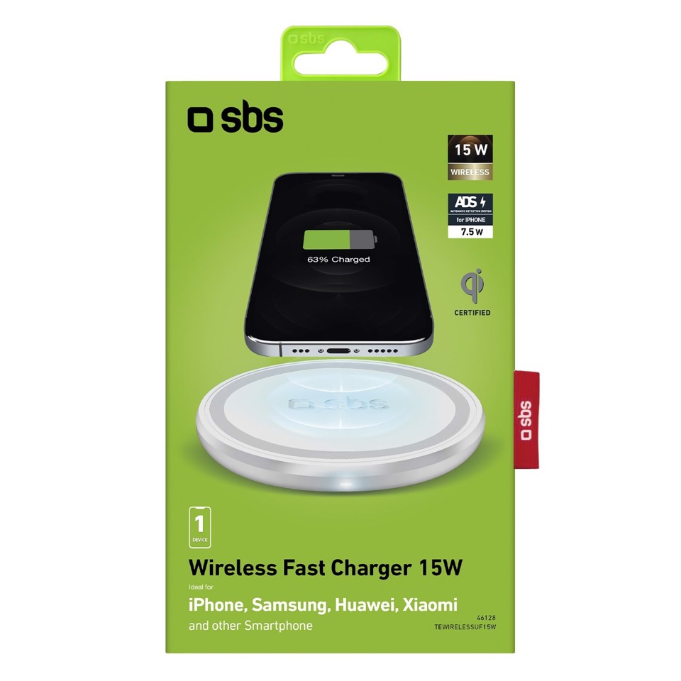 SBS TEWIRELESSUF15W Caricabatterie per dispositivi mobili Smartphone Bianco USB Carica wireless Ricarica rapida Interno