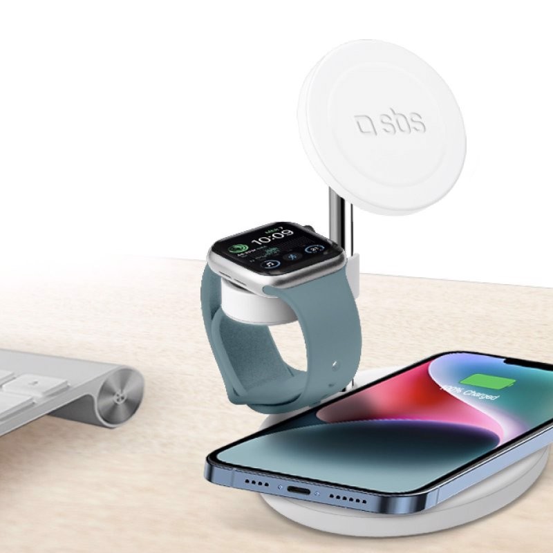 SBS TEWIRMAG3IN1 Caricabatterie per dispositivi mobili Cuffie, Smartphone, Orologio intelligente Bianco USB Carica wireless Ricarica rapida Interno