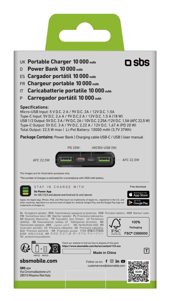 SBS TTBB10000FASTPD2 batteria portatile 10000 mAh Nero