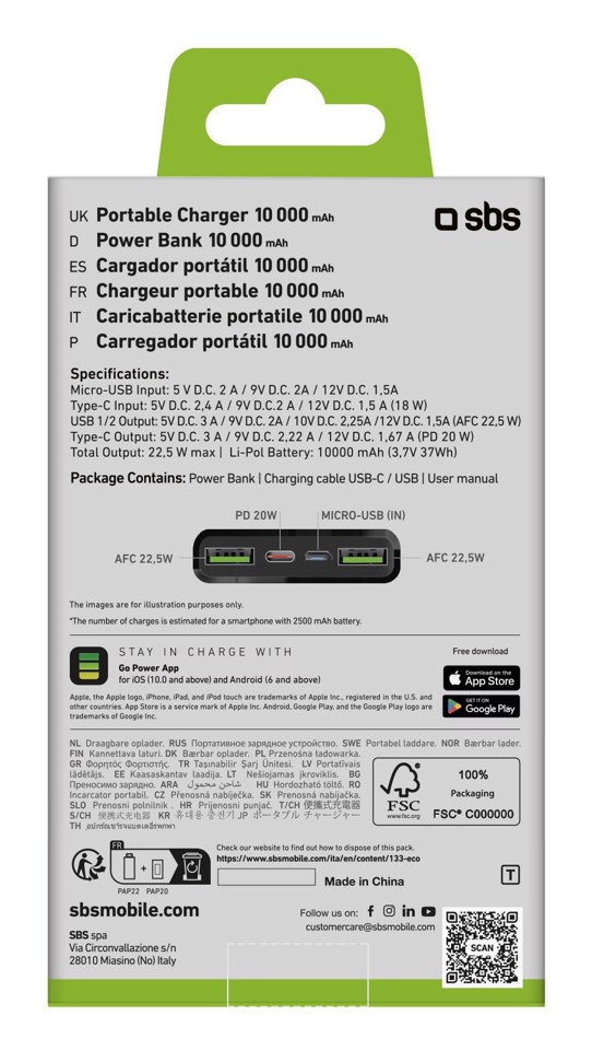SBS TTBB10000FASTPD2 batteria portatile 10000 mAh Nero