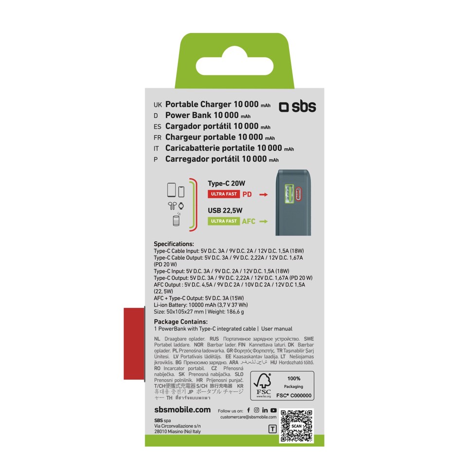 SBS TTBB10000LCDTCPD20A batteria portatile 10000 mAh Azzurro