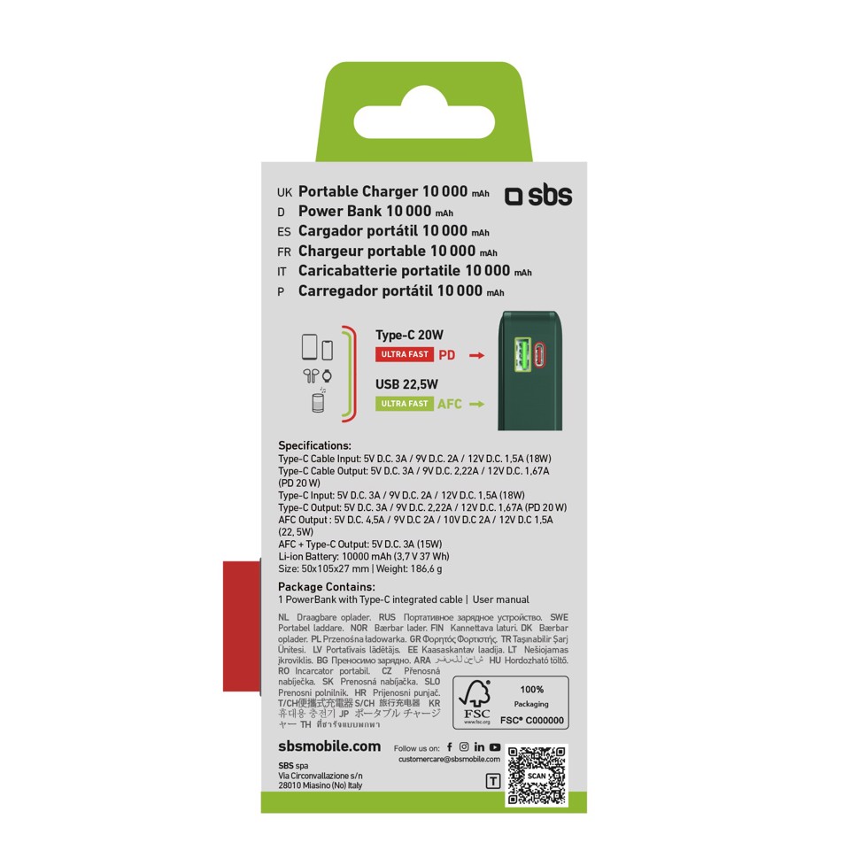 SBS TTBB10000LCDTCPD20G batteria portatile 10000 mAh Verde