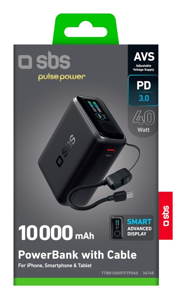 SBS TTBB10000TFTPD40 batteria portatile Polimeri di litio (LiPo) 10000 mAh Nero