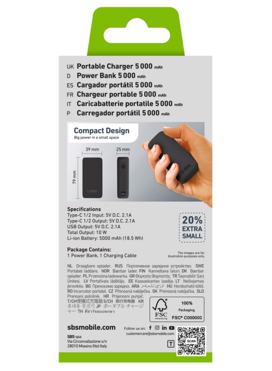 SBS TTBB5000MINIK batteria portatile Ioni di Litio 5000 mAh Nero