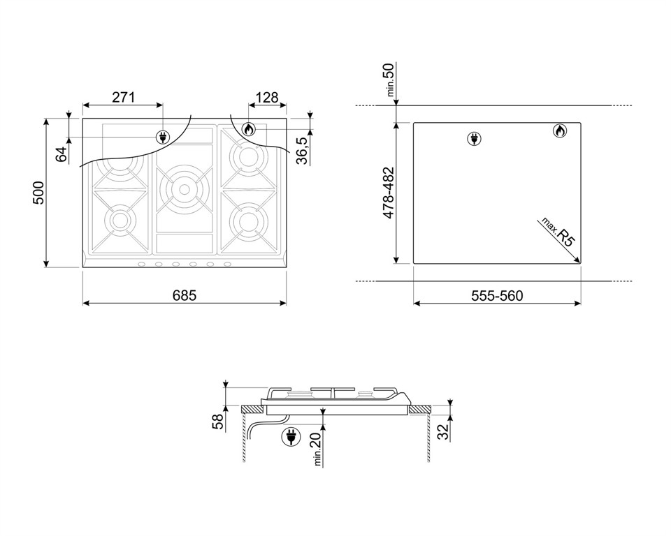 Smeg SR275AV2 piano cottura Beige Da incasso Gas 5 Fornello(i)