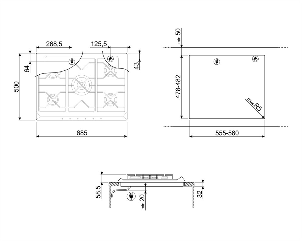 Smeg SRV876AVOGH2 piano cottura Avena Da incasso Gas 5 Fornello(i)