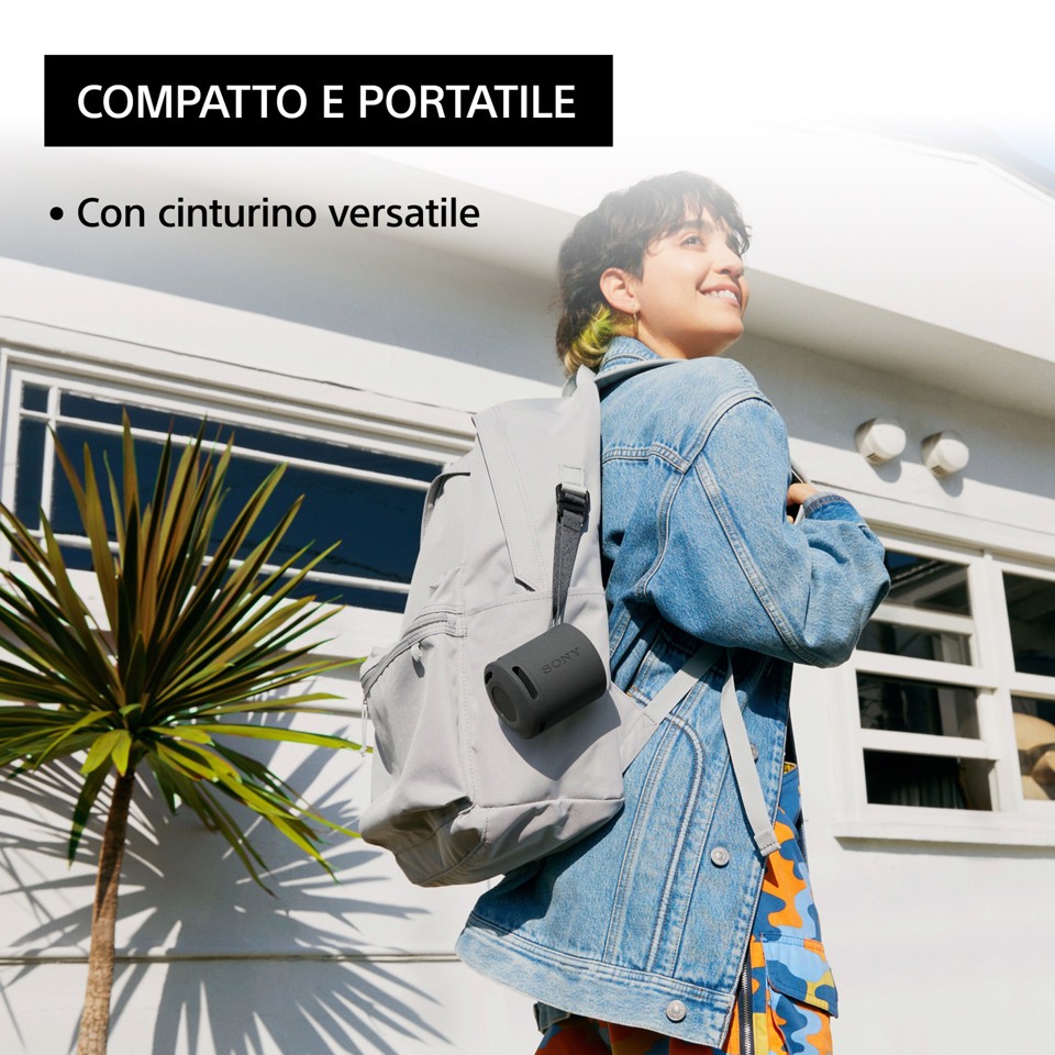 Sony SRS-XB100 - Speaker Wireless Bluetooth, portatile, leggero, compatto, da esterno, da viaggio, resistente IP67 impermeabile e antipolvere, batteria da 16 ore, cinturino versatile, chiamate in vivavoce - Nero