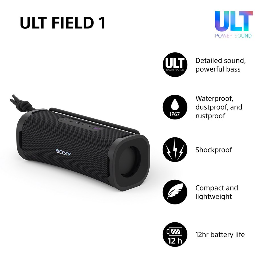 Sony ULT FIELD 1 Speaker portatile wireless Bluetooth con ULT POWER SOUND, bassi potenti, IP67, impermeabile, antipolvere, antiurto, batteria da 12 ore, qualità chiamata chiara, anche da esterno, viaggio