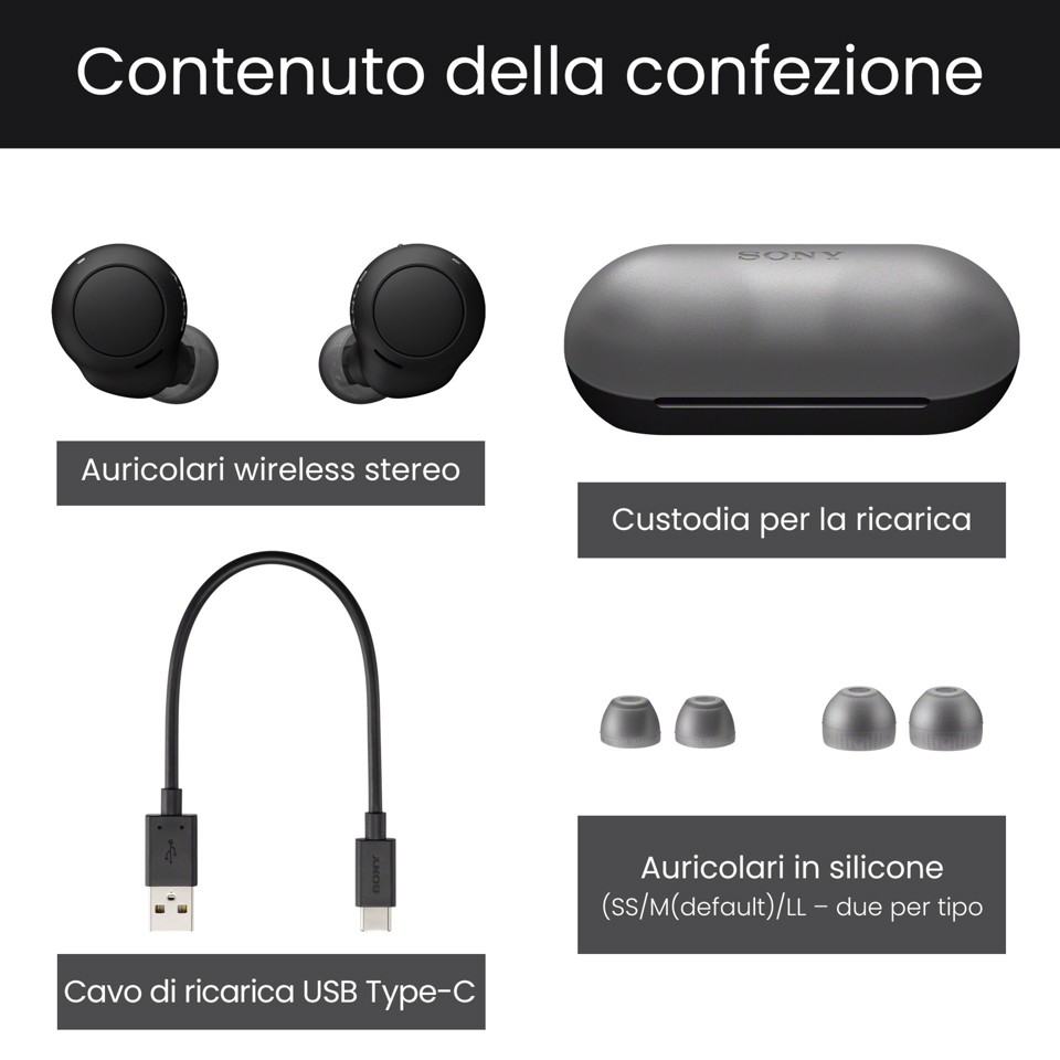Sony WF-C500 - Auricolari True Wireless, Fino a 20 ore di durata della batteria con custodia di ricarica, Compatibile con l'Assistente Vocale, Microfono integrato (Nero)