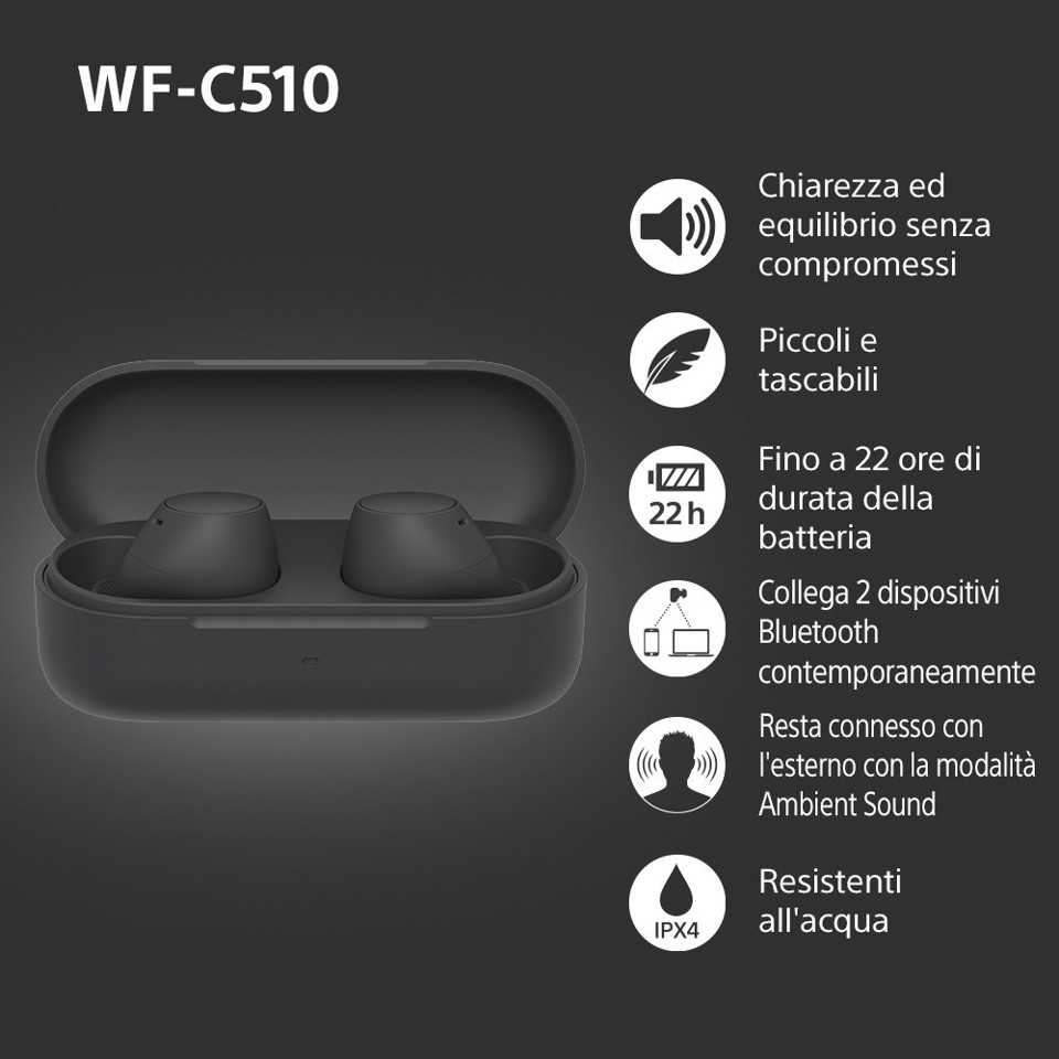 Sony WF-C510 | Cuffie True Wireless - Suono di alta qualità, Equalizzatore personalizzabile, Design Confortevole, Batteria da 22 ore, Ricarica Rapida, Connessione Multipoint Bluetooth, Ambient Sound Mode, Spotify Tap, Classificazione IPX4 - Nero