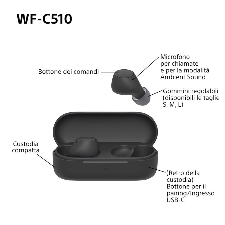 Sony WF-C510 | Cuffie True Wireless - Suono di alta qualità, Equalizzatore personalizzabile, Design Confortevole, Batteria da 22 ore, Ricarica Rapida, Connessione Multipoint Bluetooth, Ambient Sound Mode, Spotify Tap, Classificazione IPX4 - Nero