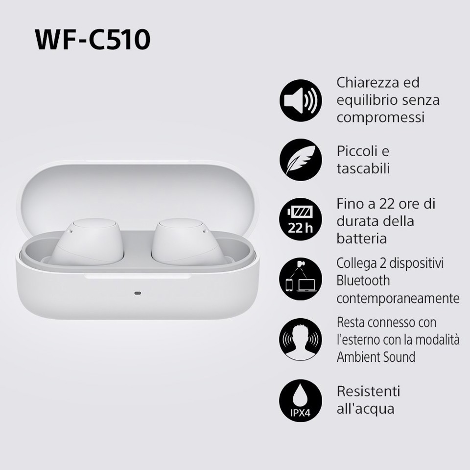 Sony WF-C510 | Cuffie True Wireless - Suono di alta qualità, Equalizzatore personalizzabile, Design Confortevole, Batteria da 22 ore, Ricarica Rapida, Connessione Multipoint Bluetooth, Ambient Sound Mode, Spotify Tap, Classificazione IPX4 - Bianco