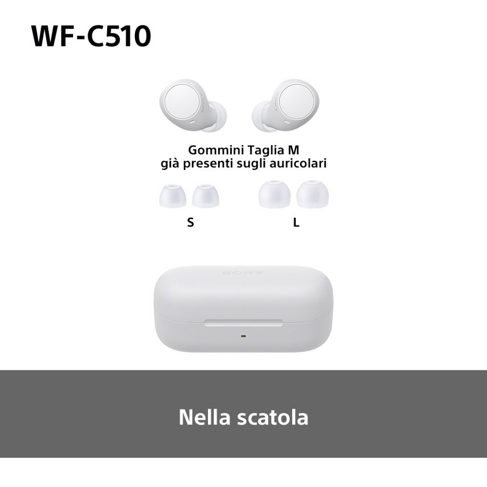 Sony WF-C510 | Cuffie True Wireless - Suono di alta qualità, Equalizzatore personalizzabile, Design Confortevole, Batteria da 22 ore, Ricarica Rapida, Connessione Multipoint Bluetooth, Ambient Sound Mode, Spotify Tap, Classificazione IPX4 - Bianco