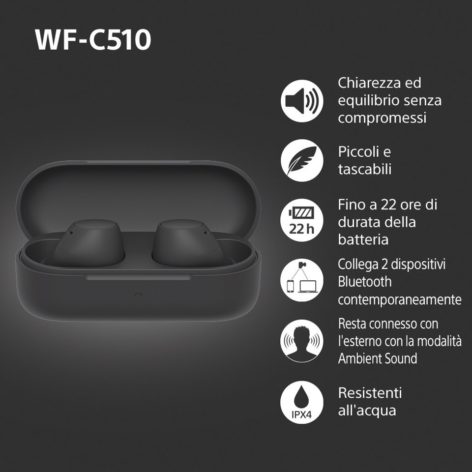 Sony WF-C510 | Cuffie True Wireless - Suono di alta qualità, Equalizzatore personalizzabile, Design Confortevole, Batteria da 22 ore, Ricarica Rapida, Connessione Multipoint Bluetooth, Ambient Sound Mode, Spotify Tap, Classificazione IPX4 - Nero