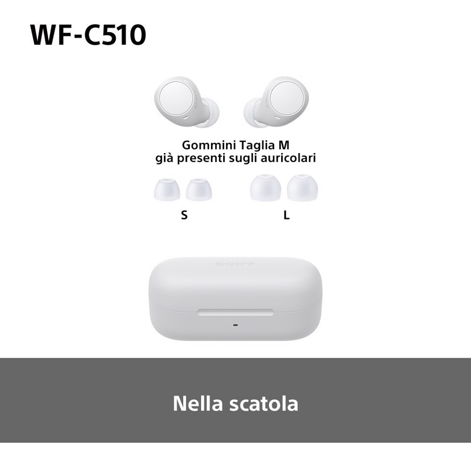 Sony WF-C510 | Cuffie True Wireless - Suono di alta qualità, Equalizzatore personalizzabile, Design Confortevole, Batteria da 22 ore, Ricarica Rapida, Connessione Multipoint Bluetooth, Ambient Sound Mode, Spotify Tap, Classificazione IPX4 - Bianco