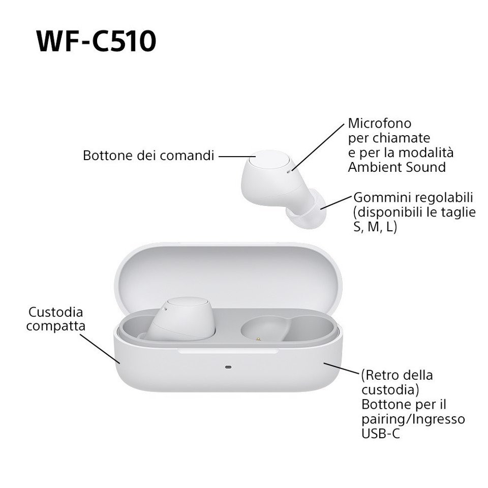 Sony WF-C510 | Cuffie True Wireless - Suono di alta qualità, Equalizzatore personalizzabile, Design Confortevole, Batteria da 22 ore, Ricarica Rapida, Connessione Multipoint Bluetooth, Ambient Sound Mode, Spotify Tap, Classificazione IPX4 - Bianco