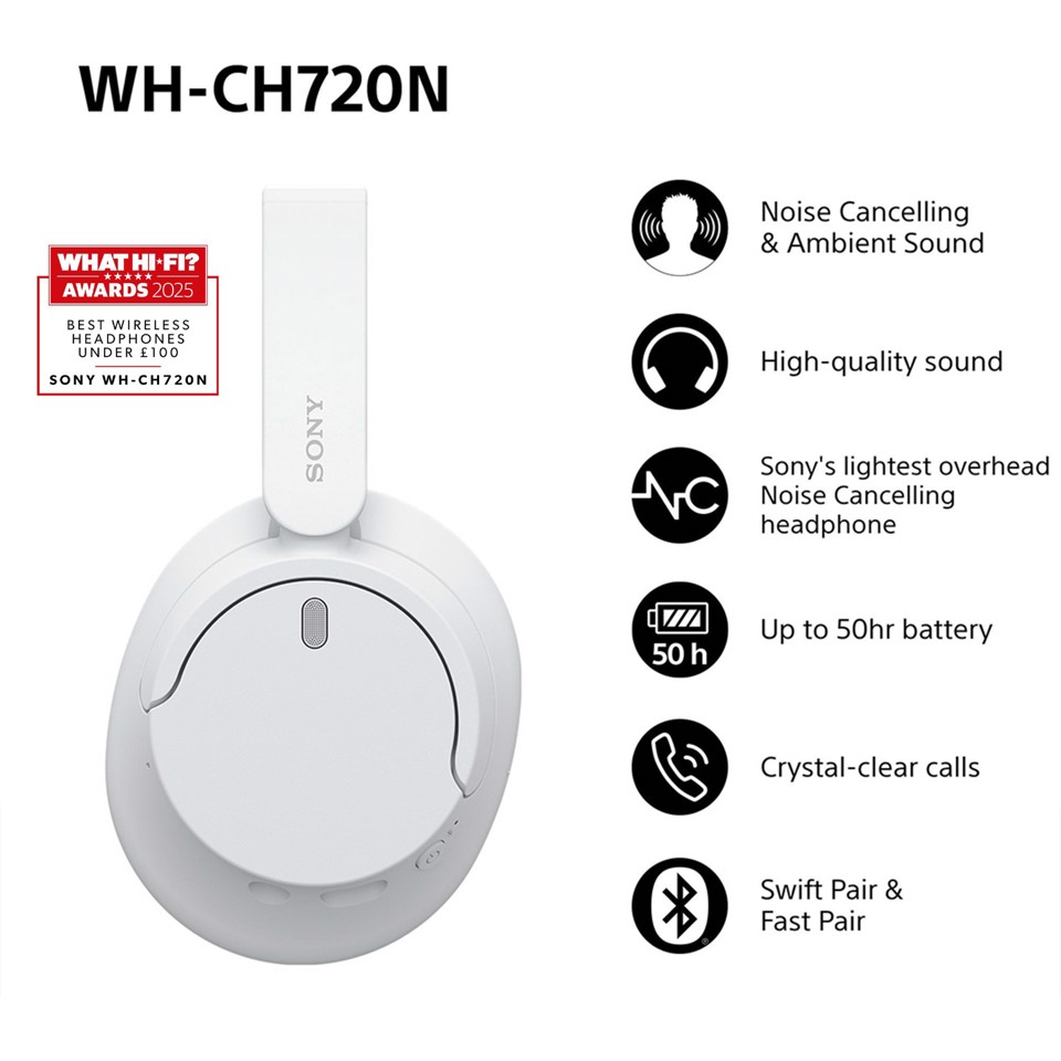 Sony WH-CH720N Cuffie Bluetooth wireless con cancellazione del rumore - Durata della batteria fino a 35 ore e ricarica rapida - Bianco