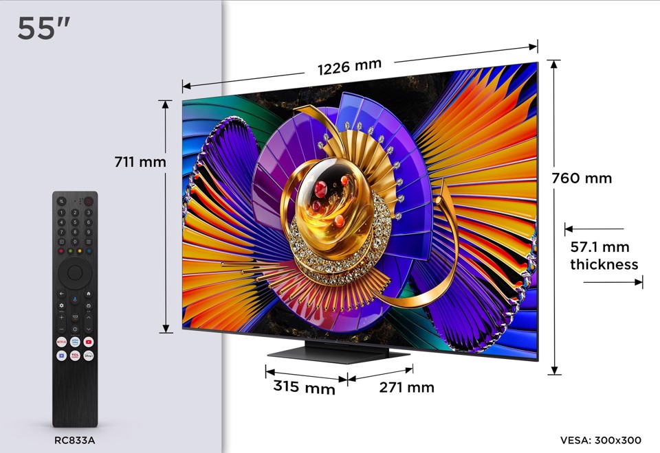 TCL C7L TV 55C7L SQD‑Mini LED da 55", 4K HDR, 2700 nit, 800 zone di dimming, Google TV, 144Hz, Dolby Vision & Atmos, Audio Bang & Olufsen