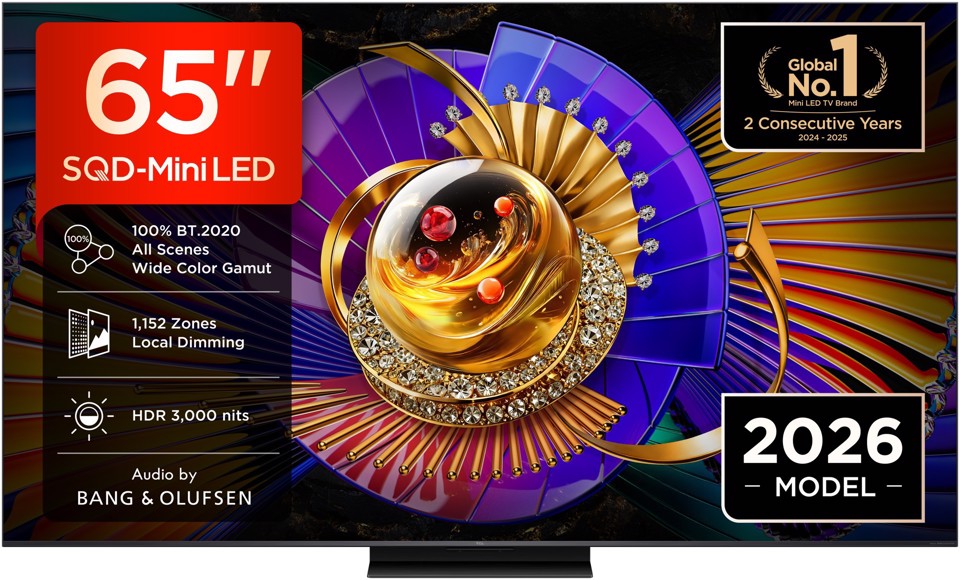 TCL C7L TV 65C7L SQD‑Mini LED da 65", 4K HDR, 3000 nit, 1.152 zone di dimming, Google TV, 144Hz, Dolby Vision & Atmos, Audio Bang & Olufsen