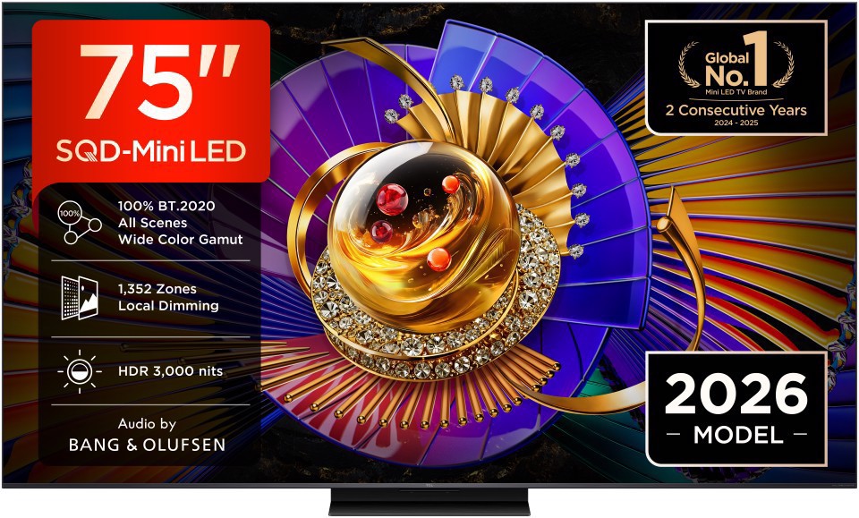 TCL C7L TV 75C7L SQD‑Mini LED da 75", 4K HDR, 3000 nit, 1.352 zone di dimming, Google TV, 144Hz, Dolby Vision & Atmos, Audio Bang & Olufsen