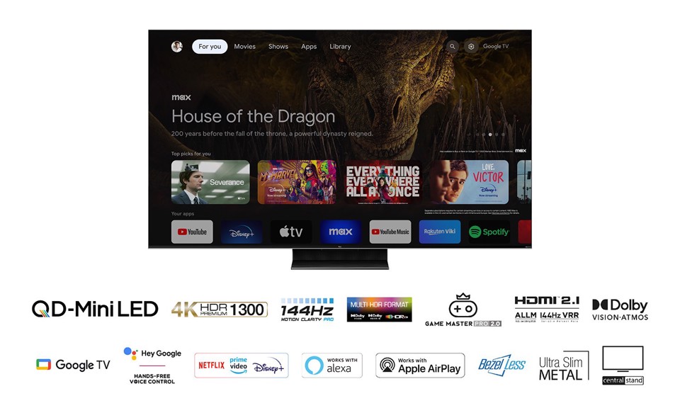 TCL C80 Series TV Mini LED 4K 75" 75C805 144Hz Onkyo Google TV