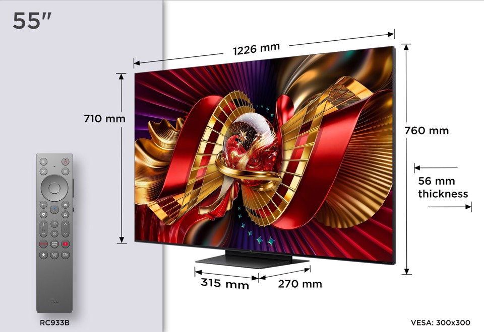 TCL C8L TV 55C8L SQD Mini LED da 55", 4K HDR, 3000 nit, 1.008 zone di dimming, Google TV, 144Hz, Dolby Vision & Atmos, Audio Bang & Olufsen