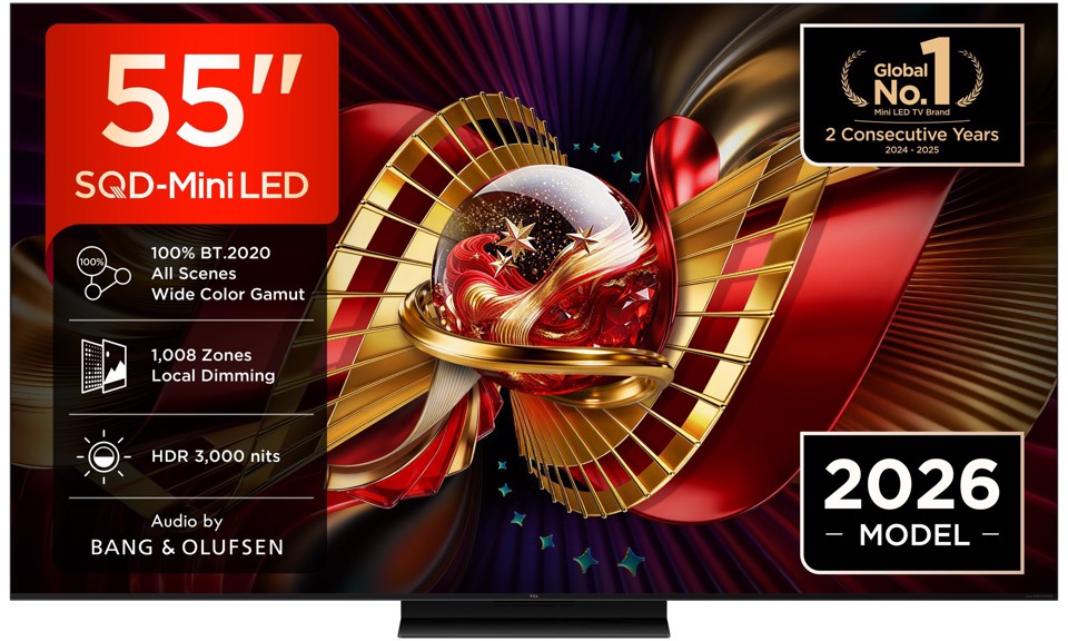 TCL C8L TV 55C8L SQD Mini LED da 55", 4K HDR, 3000 nit, 1.008 zone di dimming, Google TV, 144Hz, Dolby Vision & Atmos, Audio Bang & Olufsen