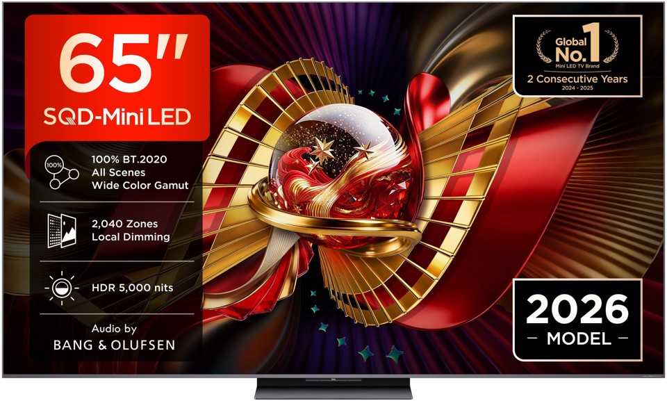 TCL C8L TV 65C8L SQD Mini LED da 65", 4K HDR, 5000 nit, 2.040 zone di dimming, Google TV, 144Hz, Dolby Vision & Atmos, Audio Bang & Olufsen