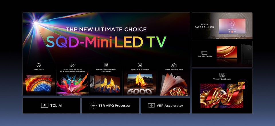 TCL C8L TV 75C8L SQD Mini LED da 75", 4K HDR, 5500 nit, 2.584 zone di dimming, Google TV, 144Hz, Dolby Vision & Atmos, Audio Bang & Olufsen