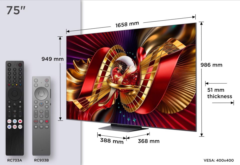 TCL C8L TV 75C8L SQD Mini LED da 75", 4K HDR, 5500 nit, 2.584 zone di dimming, Google TV, 144Hz, Dolby Vision & Atmos, Audio Bang & Olufsen