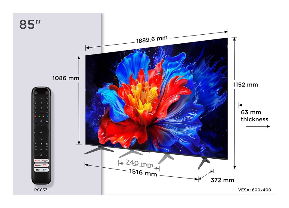 TCL P89K Serie Smart TV QLED 4K 85" 85P89K, 144Hz, audio Onkyo 2.1, Dolby Vision & Atmos, Google TV