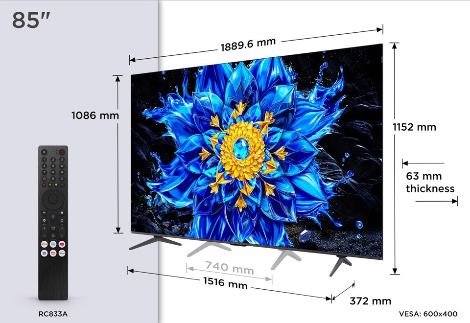 TCL P8L TV 85P8L – QD-Mini LED 65", 4K HDR, Google TV, 144Hz VRR, Audio Onkyo 2.1