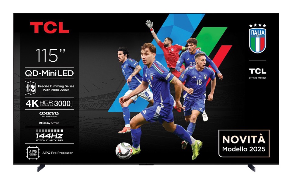 TCL Serie Smart TV QD-MiniLED 4K 115" 115C7K, 144Hz, audio Onkyo 4.2.2, Dolby Vision IQ & Atmos, Google TV
