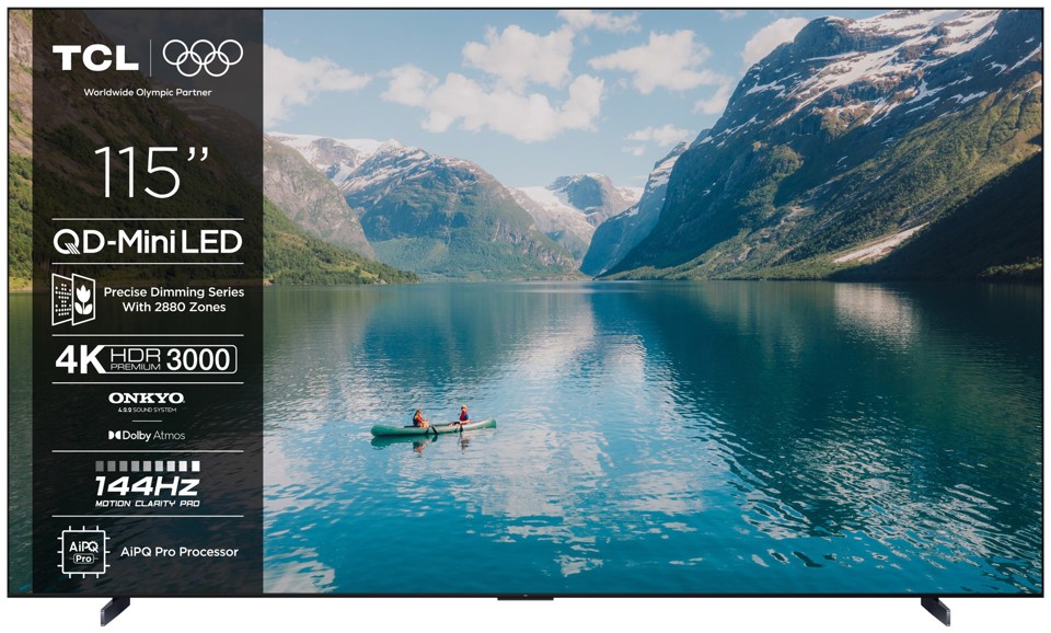 TCL Serie Smart TV QD-MiniLED 4K 115" 115C7K, 144Hz, audio Onkyo 4.2.2, Dolby Vision IQ & Atmos, Google TV