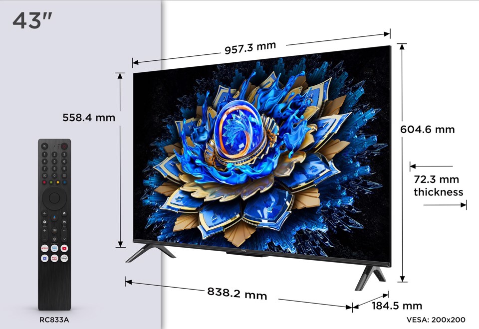 TCL T69C 43T69C 43" QLED, TV Direct LED, TV 4K HDR, Smart TV alimentata da Google TV (Dolby Vision & Atmos, Game Master, Motion Clarity, compatibile con Google Assistant e Alexa)