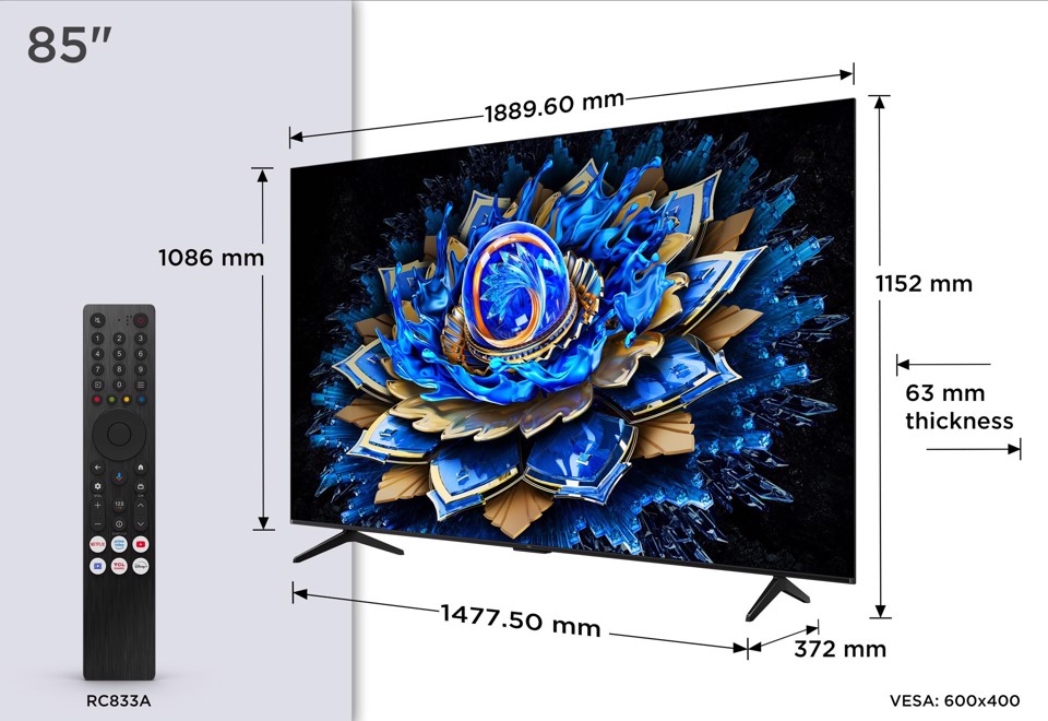 TCL T69C 85T69C 85" QLED, TV Direct LED, TV 4K HDR, Smart TV alimentata da Google TV (Dolby Vision & Atmos, Game Master, Motion Clarity, audio Onkyo 2.1, compatibile con Google Assistant e Alexa)