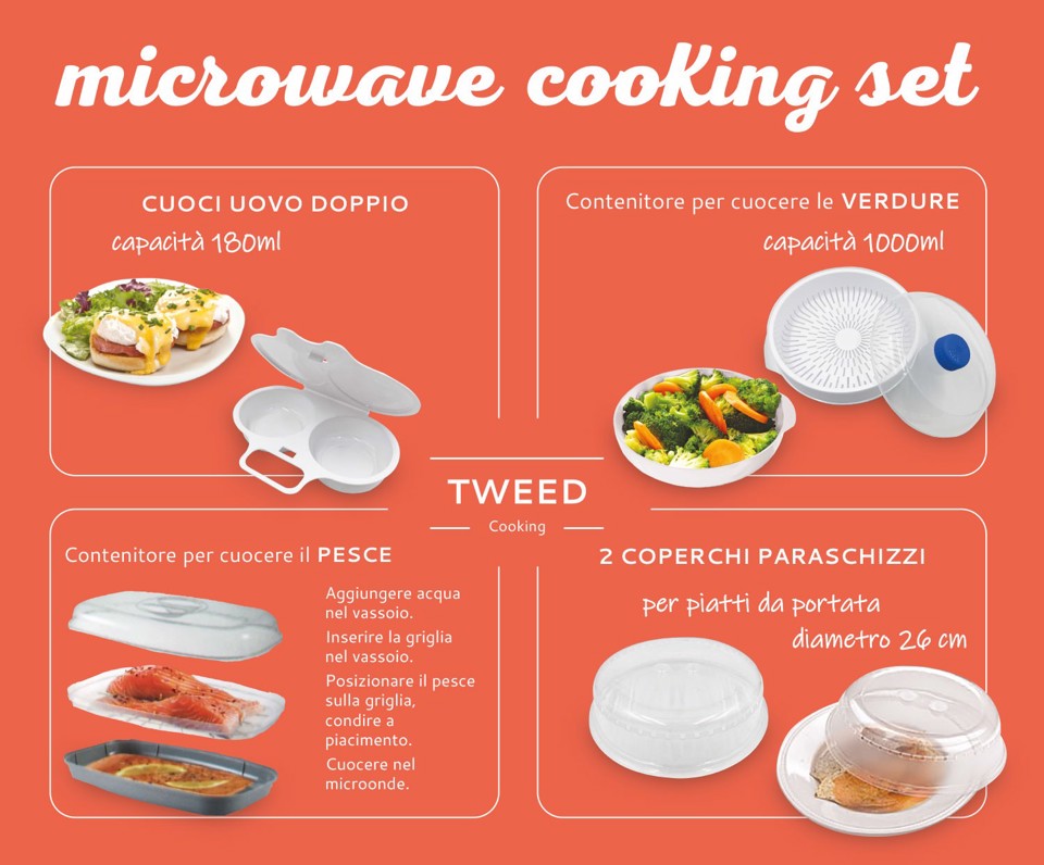 TWEED TW077 Kit accessori per microonde 3 contenitori assortiti + 2 coperchi paraschizzi