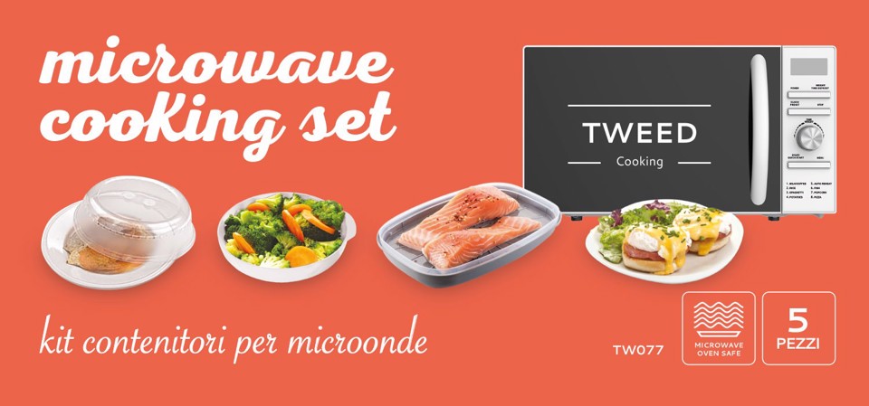 TWEED TW077 Kit accessori per microonde 3 contenitori assortiti + 2 coperchi paraschizzi
