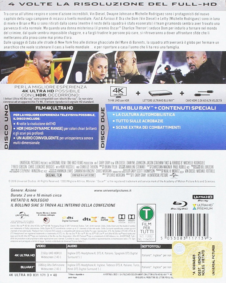 Universal Pictures Fast & Furious 8, 4K Blu-ray 2D Inglese, ESP, ITA