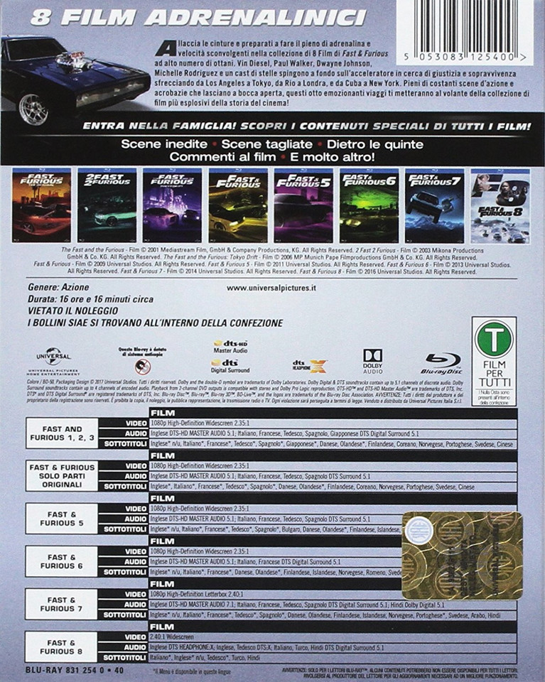 Universal Pictures Fast & Furious 8 Movie Collection, Blu-Ray 2D Inglese, ESP, Francese, ITA