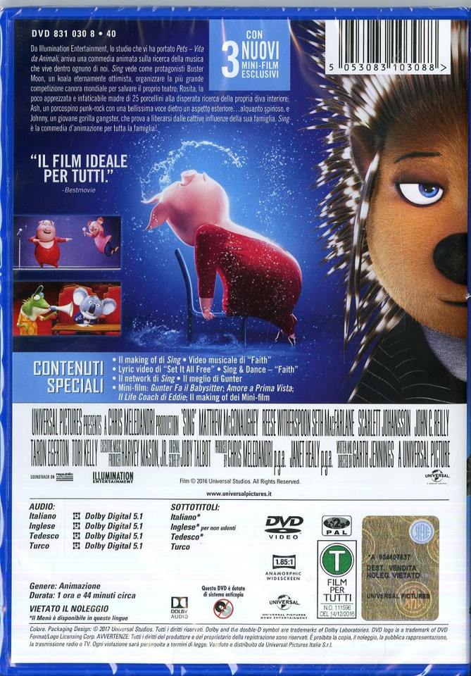Universal Pictures Sing DVD 2D Inglese, ITA, Turco