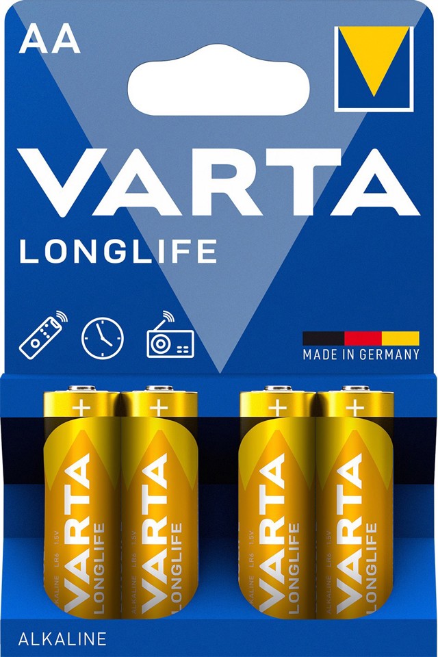 Varta Longlife, Batteria Alcalina, AA, Mignon LR6, 1.5V, Blister da 4, Made in Germany